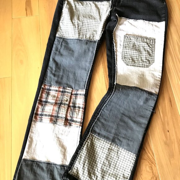 Upcycled Patchwork Jeans, Size 12: Black Grunge Hippie Pants, Tattered Patches - Picture 7 of 12